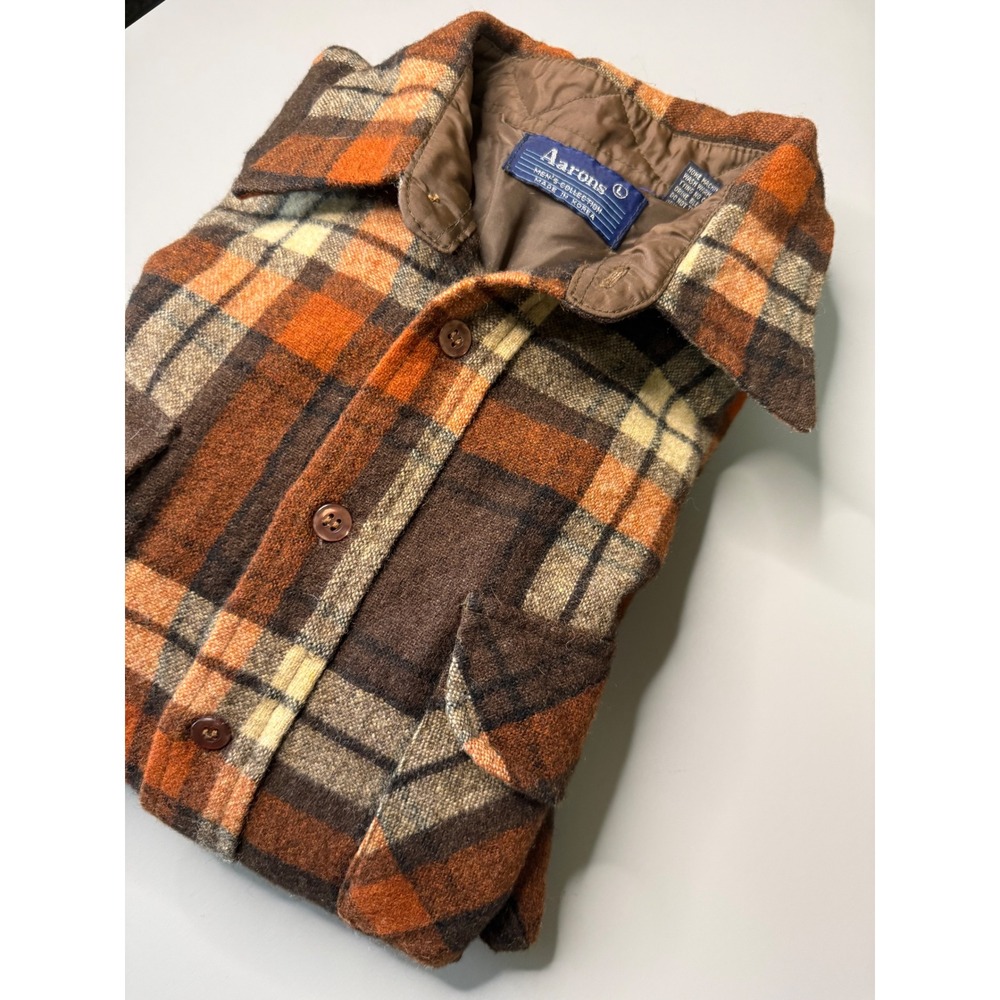 Aarons Vintage Wool Blend Plaid Flannel Shirt Jacket Brown Orange Mens Large
